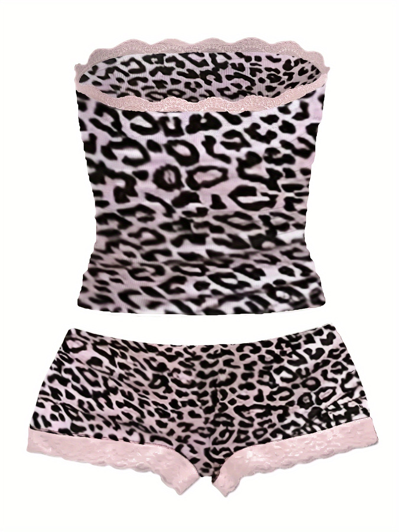 Women's Strapless Top, Women's Lace-Trimmed Strapless Top, Women's Casual Pants Set, Cute Women's Pants Set, Fashionable Women's Outfit, Leopard Print Women's Ensemble.