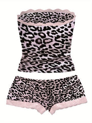Women's Strapless Top, Women's Lace-Trimmed Strapless Top, Women's Casual Pants Set, Cute Women's Pants Set, Fashionable Women's Outfit, Leopard Print Women's Ensemble.