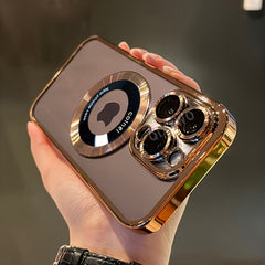 [Luxury Phone Case] Wireless Luxury Phone Case | Transparent Magnetic Electroplated Hollow Logo TPU Shockproof with Lens Film for Iphone 11/12/13/14/15/16 Pro Max Plus Soft Cover