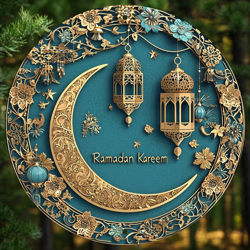 1pc Ramadan Kareem Aluminum Wall Art - 8x8 Inch 2D Flat Printed Moon and Lantern Decor, No Power Needed, Ideal for Home, Office, and Party Decoration, Versatile for Christmas, Thanksgiving, St. Patrick's, Valentine'S Day