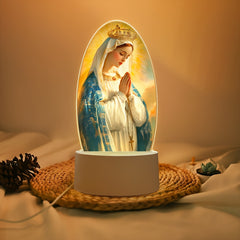 1pc Virgin Mary LED Night Light, Acrylic Round Decorative Lamp with Prayer Theme, USB Powered Desktop Lighting, Christian Religious Character Design, Ideal for Holiday Gifts and Hotel Decor