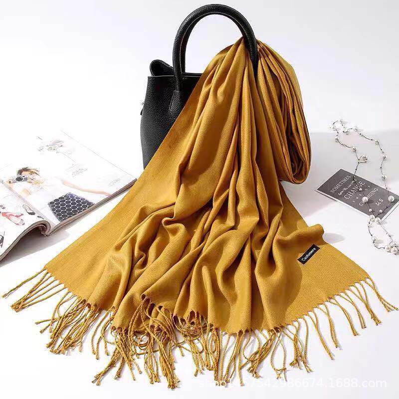 Imitation Cashmere Scarf for Women, Solid Color Fringed Warm Dual-use Shawl