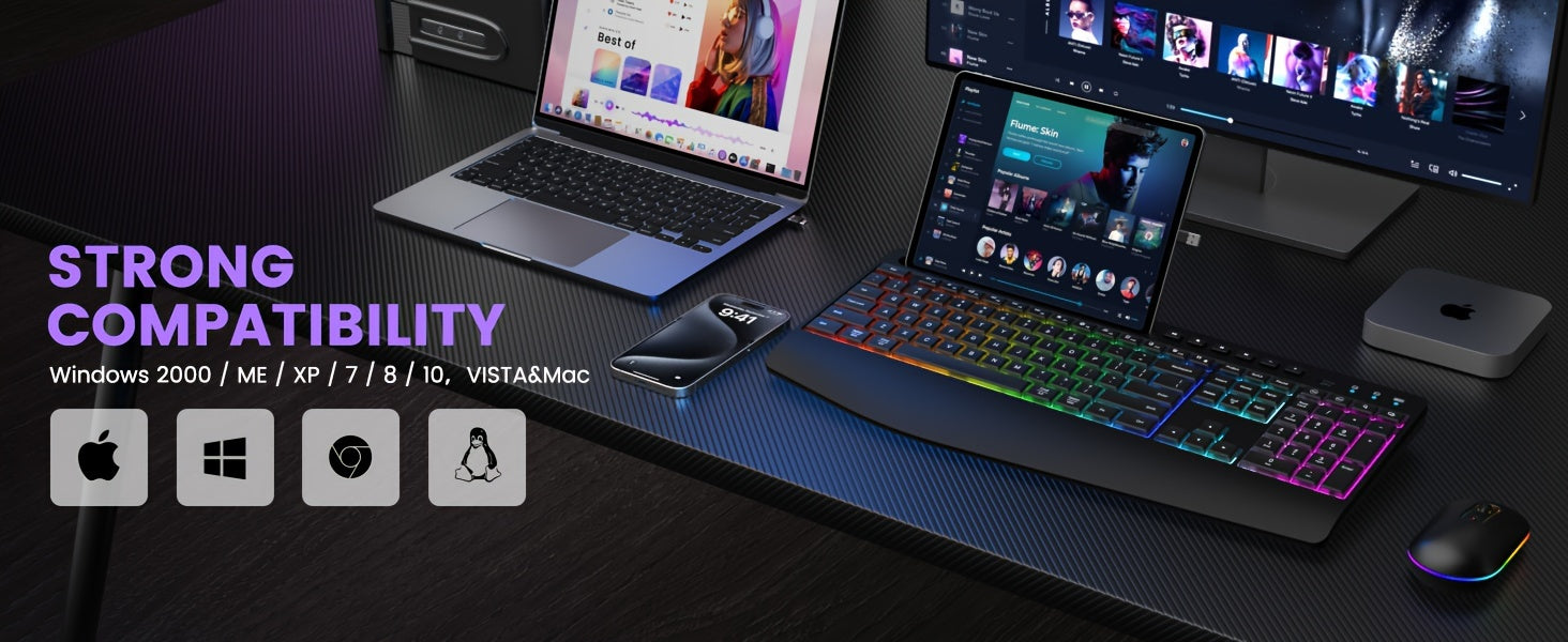 Rechargeable Wireless Keyboard Mouse Combo - Full-Size RGB Backlit Silent Ergonomic Keyboard with Phone/Tablet Holder, 2.4G Wireless Connection, Long-Lasting Battery Life, and Compact Design for Computer, PC, Laptop