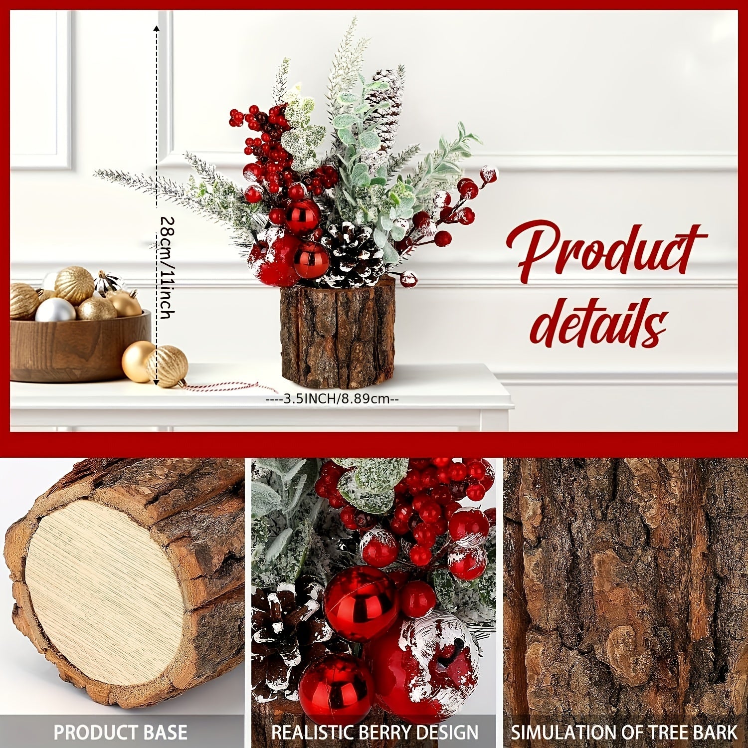 Classic Christmas Centerpiece with Red Berries, Pine Cones, and Greenery - Festive Tabletop Artificial Mini Tree Decoration, Non-Electric, Featherless Holiday Ornament Set in Faux Tree Stump (Tree Stump-Red)