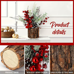 Classic Christmas Centerpiece with Red Berries, Pine Cones, and Greenery - Festive Tabletop Artificial Mini Tree Decoration, Non-Electric, Featherless Holiday Ornament Set in Faux Tree Stump (Tree Stump-Red)