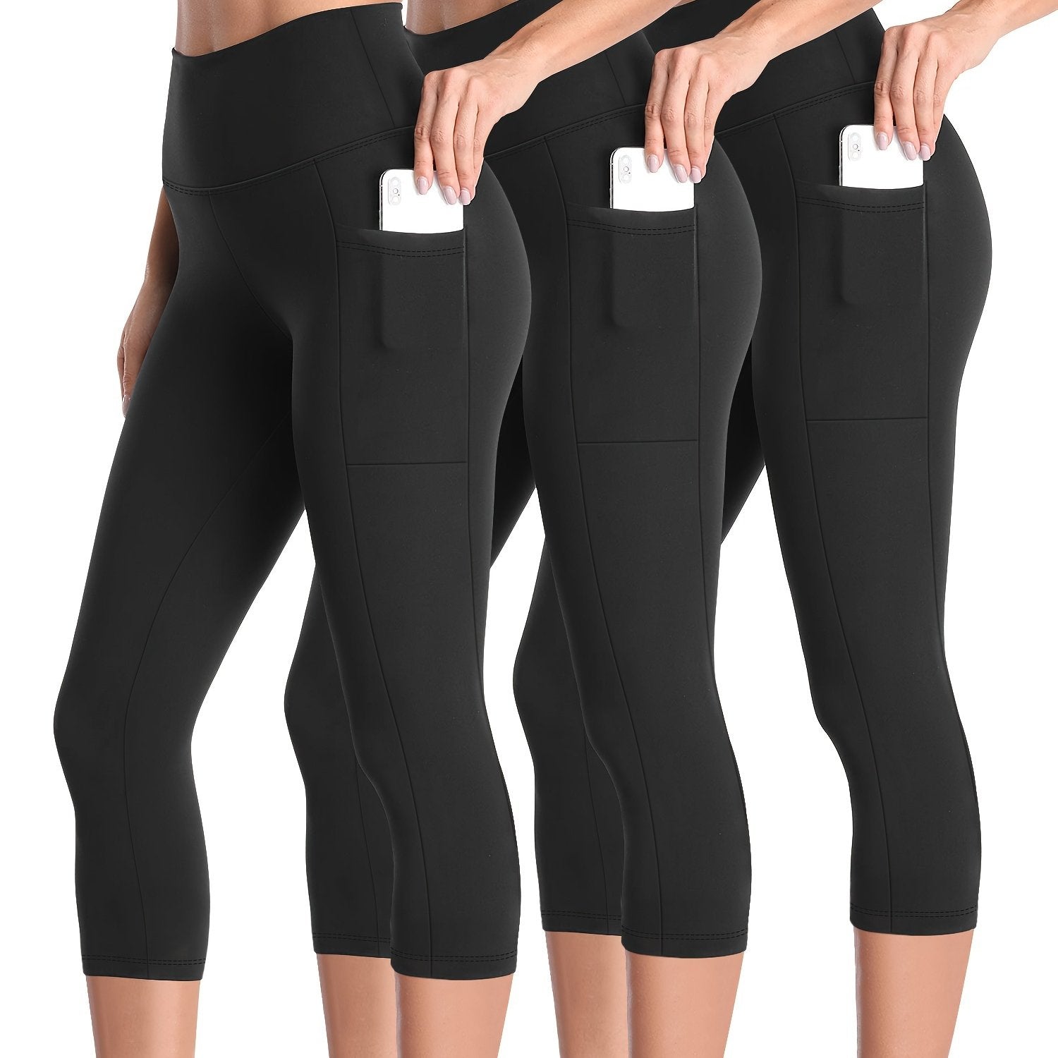 3pcs Set, Standard Size High Waist 7-point Women's Pants with Practical Side Pockets, High Elastic Body Shaping Leggings, Super Soft Tummy-controlling, Non-see-through Shorts.