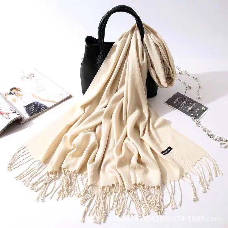 Imitation Cashmere Scarf for Women, Solid Color Fringed Warm Dual-use Shawl