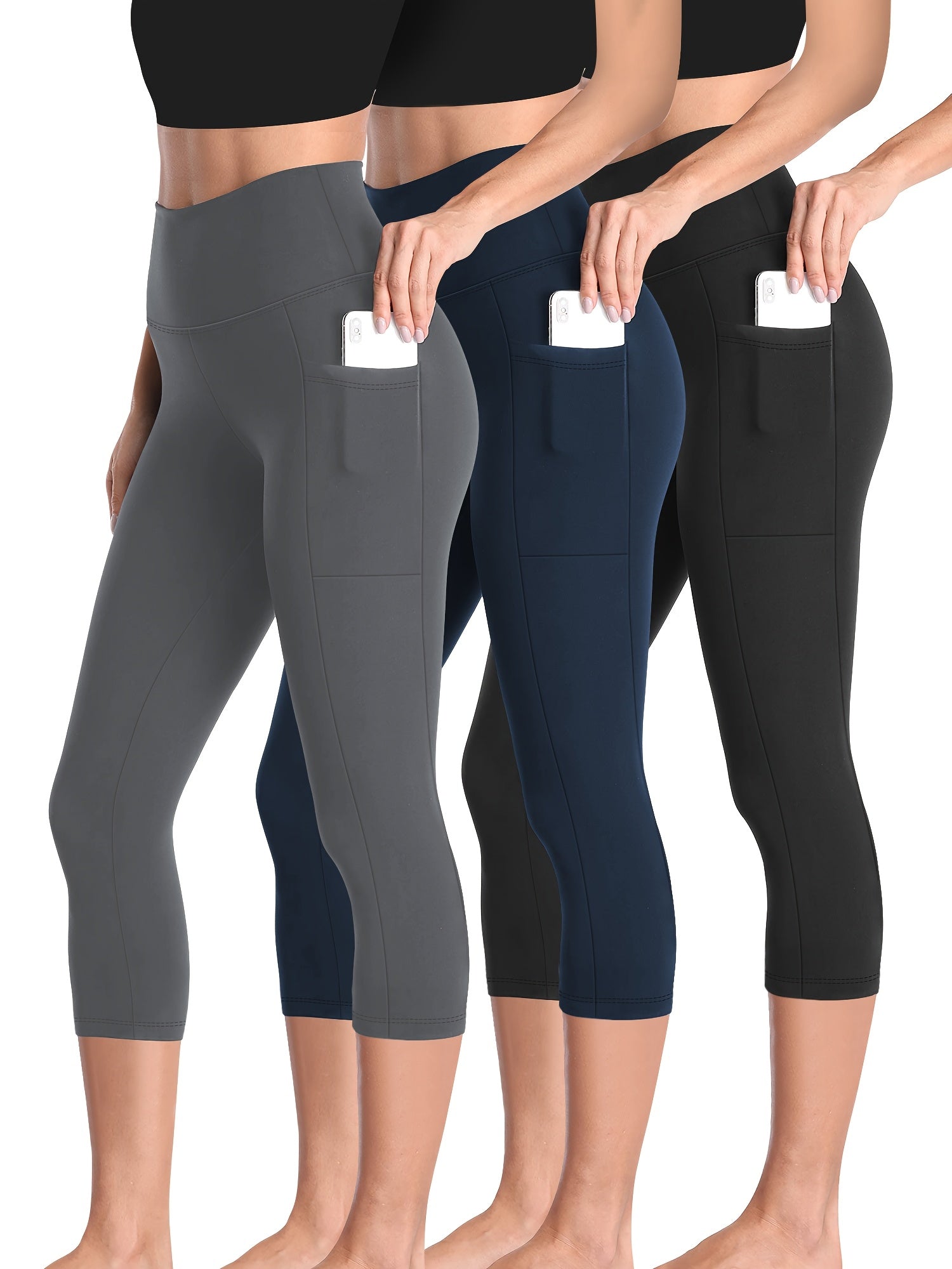 3pcs Set, Standard Size High Waist 7-point Women's Pants with Practical Side Pockets, High Elastic Body Shaping Leggings, Super Soft Tummy-controlling, Non-see-through Shorts.