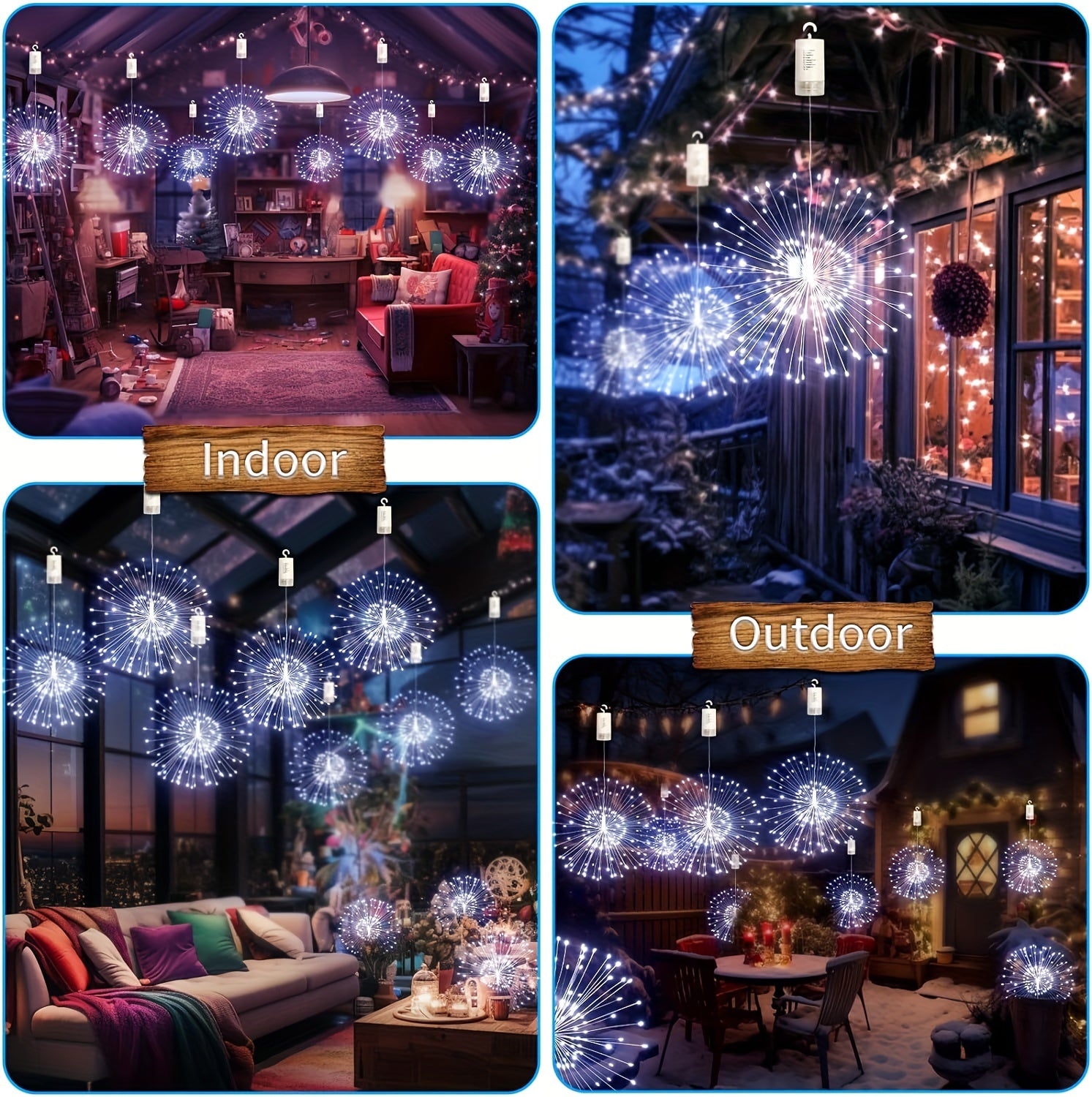 4 Pack Starburst Sphere Lights 800 LED Firework Lights, 8 Modes Dimmable Remote Control Waterproof Hanging Fairy Light, Copper Wire Lights for Patio Parties Christmas
 (Battery Operated)