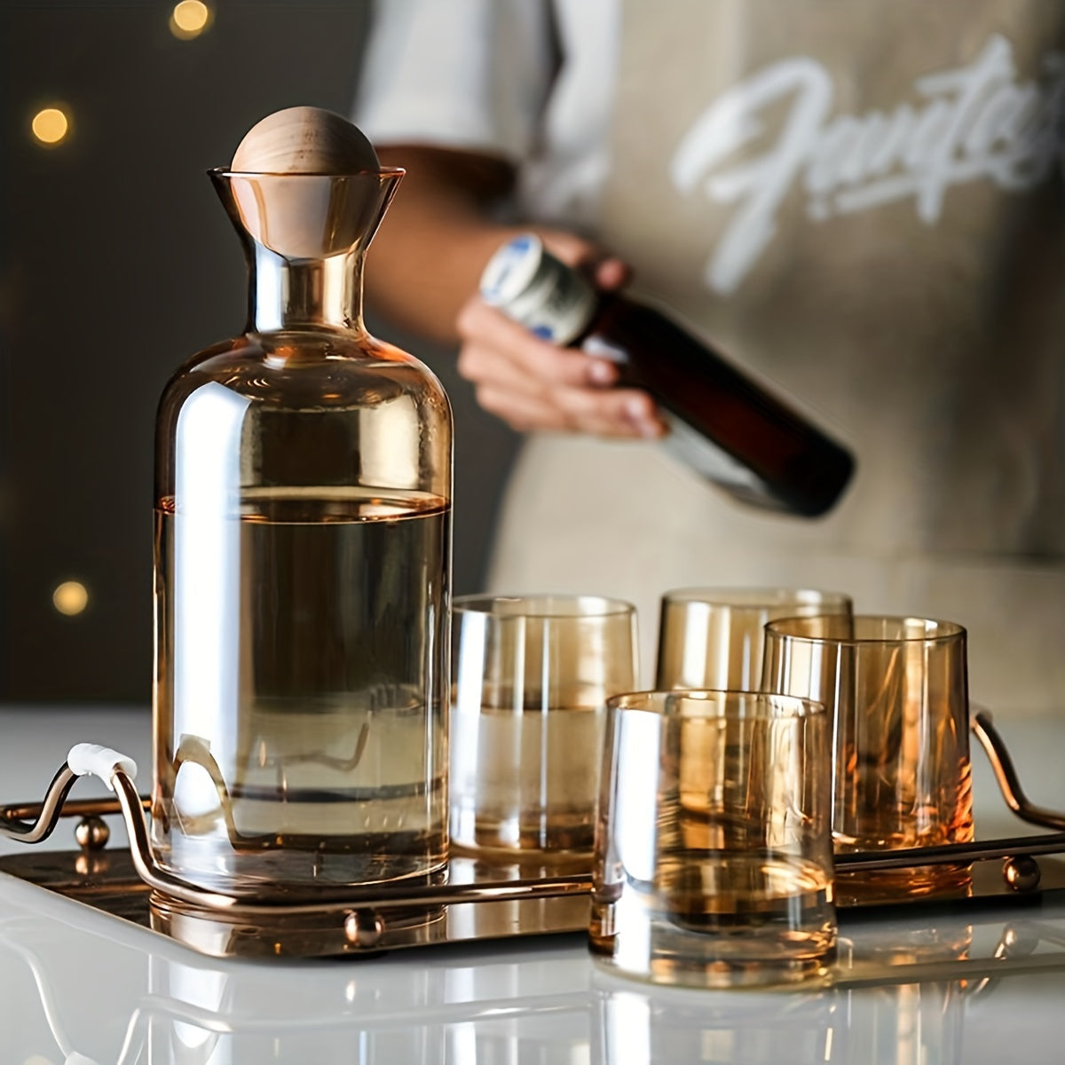 5PCS Nordic Glass Water Bottle Set - Stylish Log Ball Plug Design - Perfect for Summer Sipping, Travel & Gifting - Includes Wine Glasses, Portable Cups & Innovative Stopper