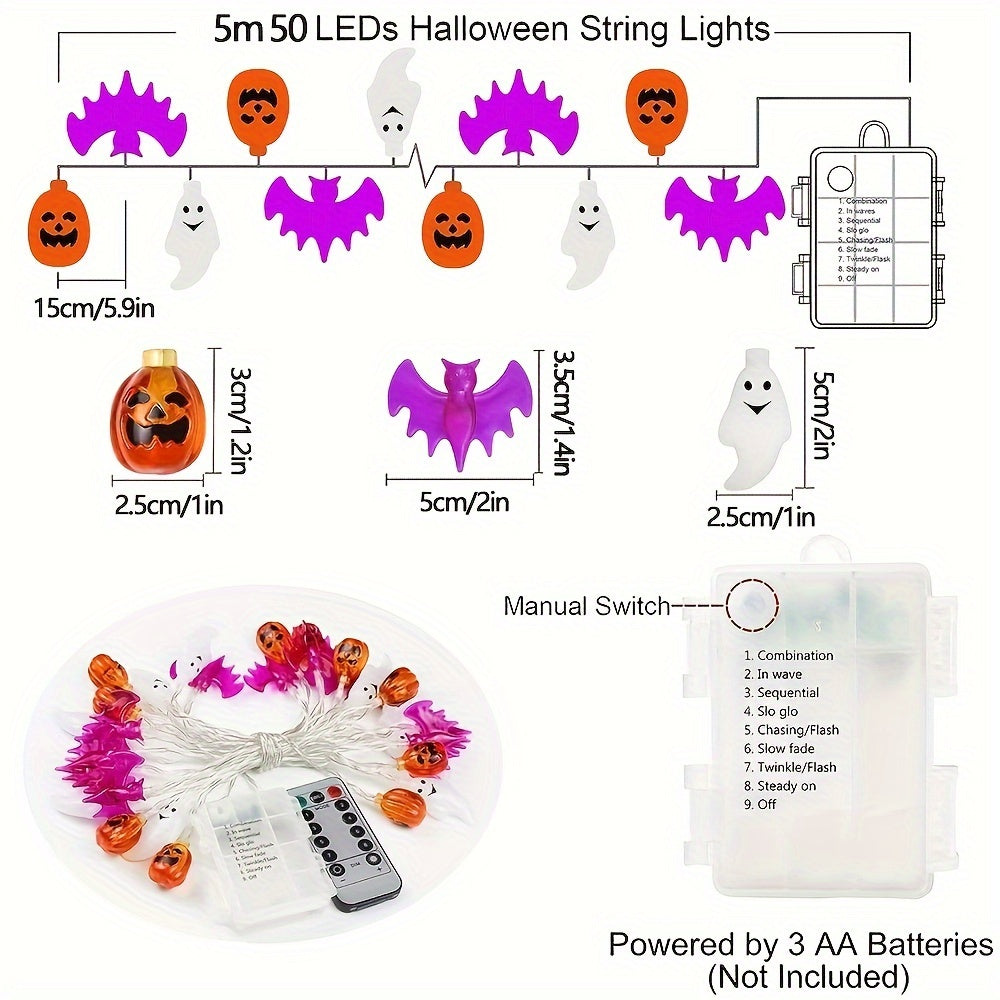 20/50 LED 3D Pumpkin Bat Ghost Waterproof String Lights - 9.8FT/16.4FT Battery Operated With Timer, 8 Lighting Modes, Cute Fairy Light For Window Indoor Outdoor Decor Halloween Party Decorations