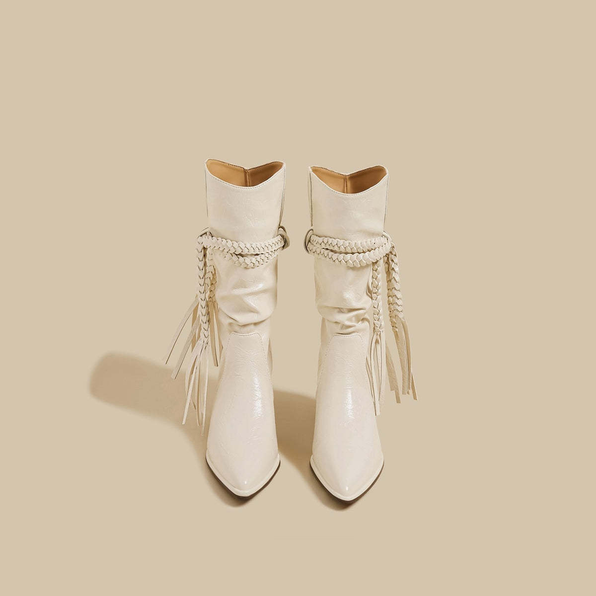 Tassel Hemp Rope Martin Boots Women Pointed Toe Chunky Heel Cowboy Boot
