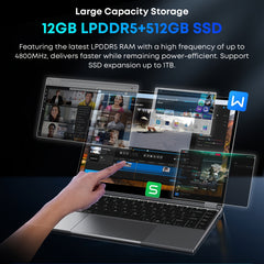 CHUWI FreeBook 2-in-1 Touch Screen Windows 11 Laptop, 13.5'' 2256*1504 IPS Display, 512GB PCIe SSD 12GB RAM, 12th Gen Intel N100, WiFi6, BT5.2, Backlit Keyboard, 1TB SSD Expand, Type-C, PD 2.0, Webcam, 360 Rotating, NoteBook