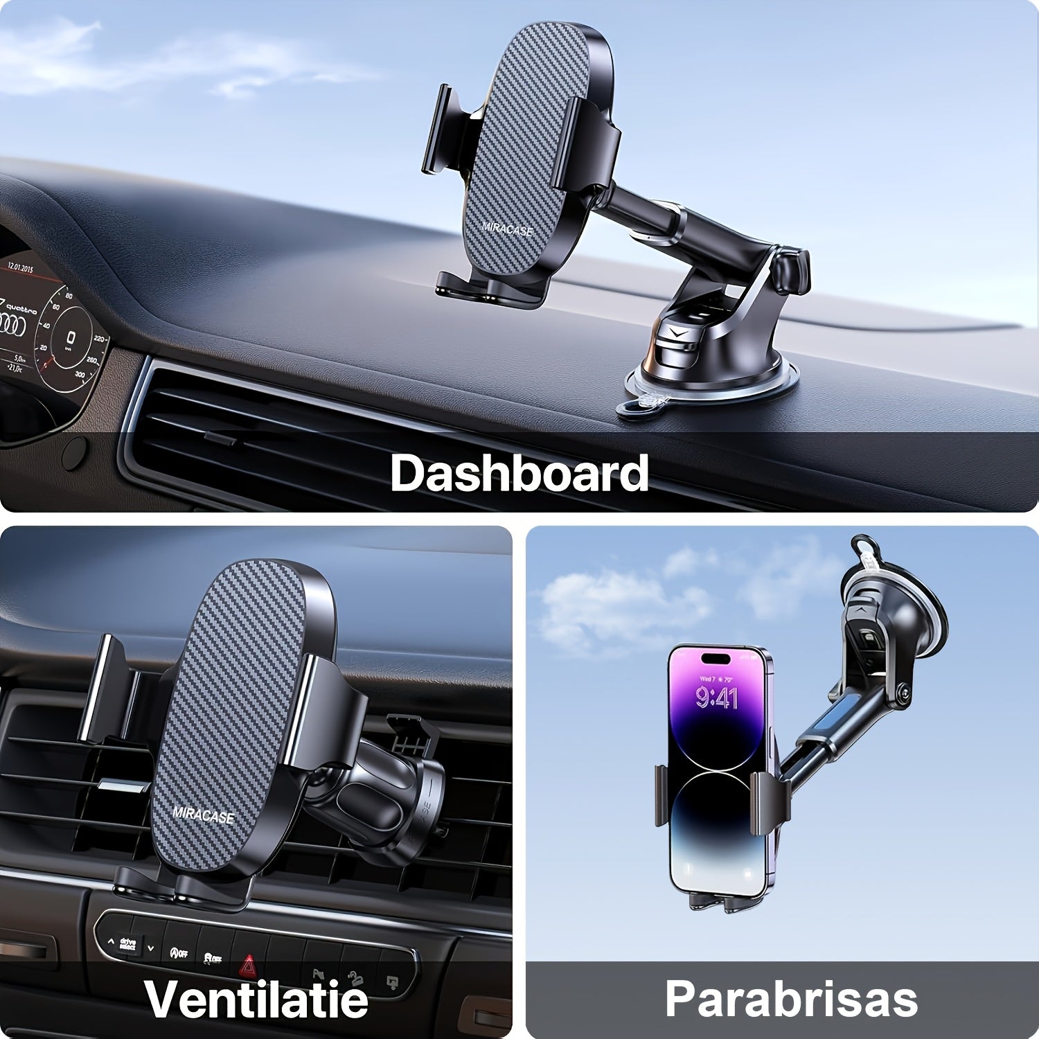 Miracase 3-in-1 Universal Car Phone Holder, ABS Material, Dashboard & Air Vent Mount, Compatible with iPhone 16/15/14/13/12/11 Pro Max/Xs/XR/X, Galaxy, Non-Waterproof, No Battery Required, Ideal Christmas Gift