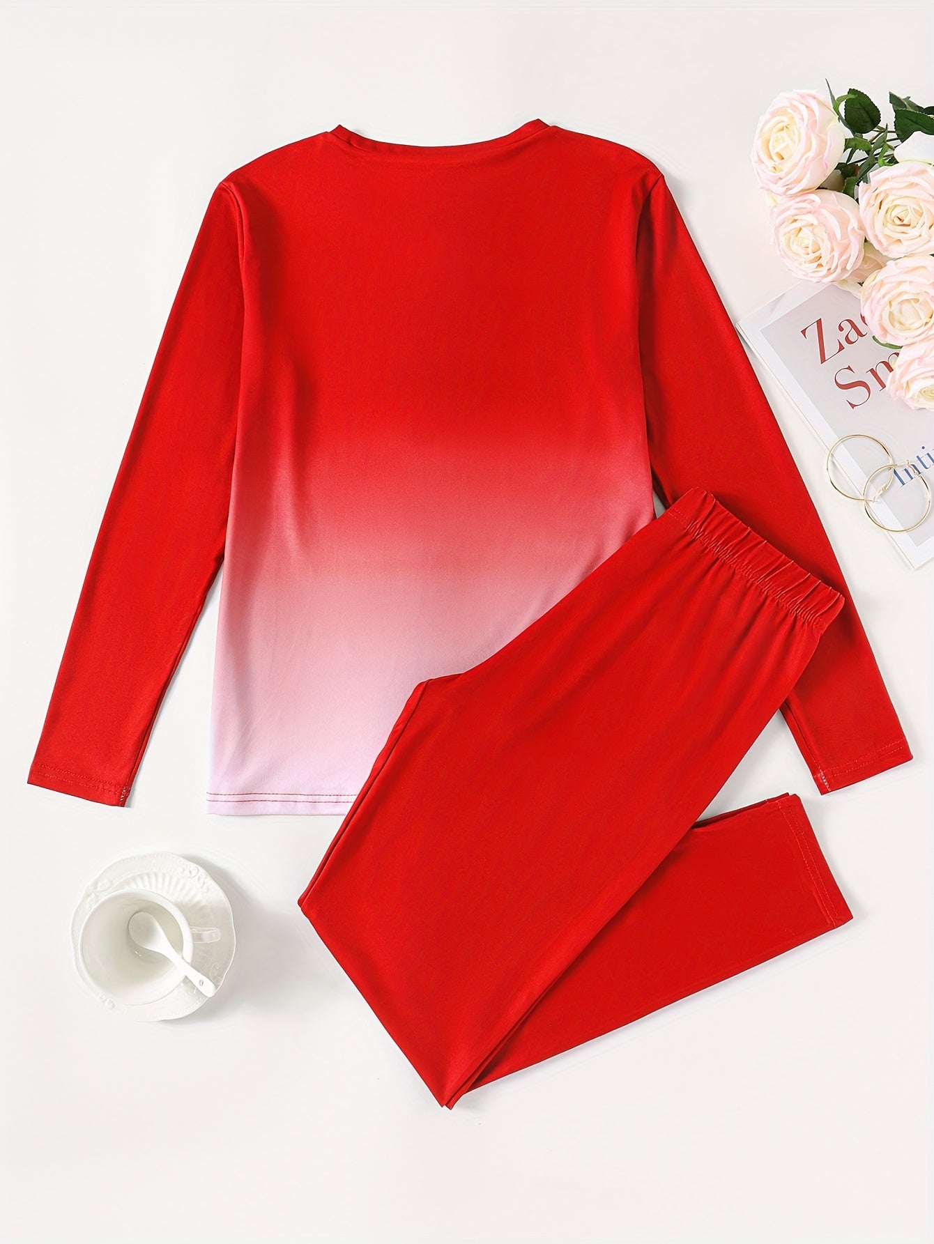 Gradient Crown Print Casual Autumn and Winter Long Sleeve Round Neck Women's Pants Set
