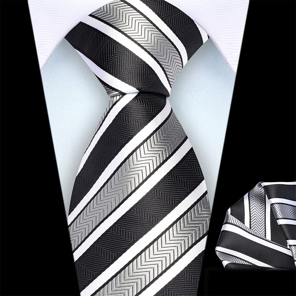 Ricnais Set of 2 Men's 8cm Striped Tie and Square Scarf High Quality Classic Fashion Wedding Party Business Tie Set Men's Wedding Accessories Home Gift Christmas Gift Party Gift