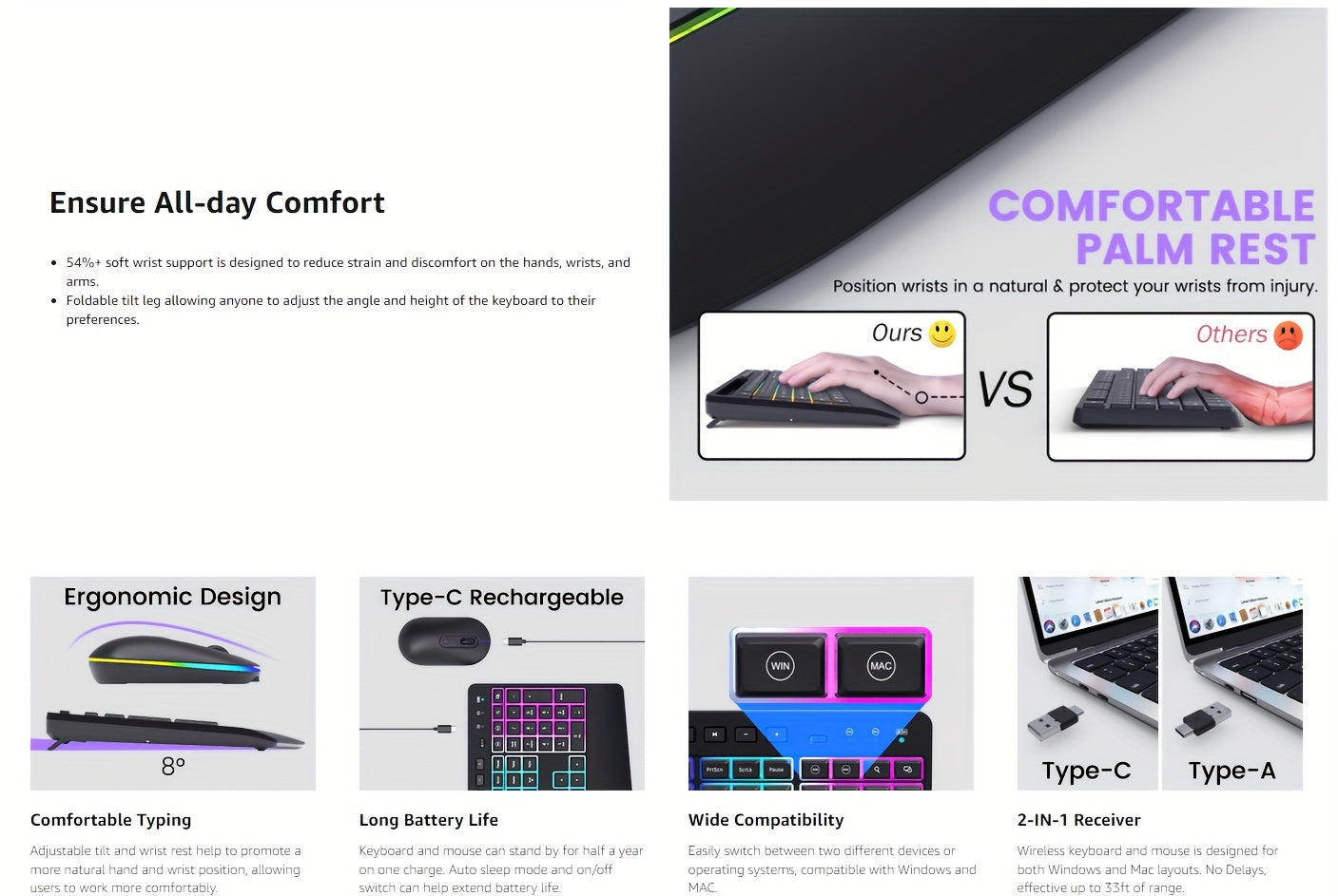 Rechargeable Wireless Keyboard Mouse Combo - Full-Size RGB Backlit Silent Ergonomic Keyboard with Phone/Tablet Holder, 2.4G Wireless Connection, Long-Lasting Battery Life, and Compact Design for Computer, PC, Laptop