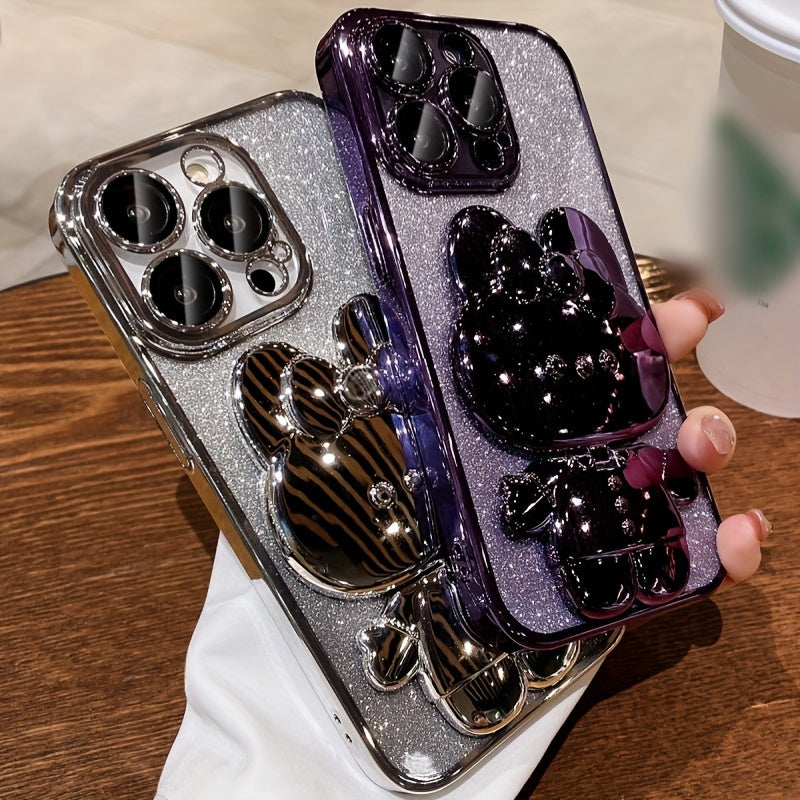 [Romantic iPhone Case] Apple iPhone 15/14/13/12/11Pro max Case, 1 Deluxe Electroplated | Romantic Cute Bunny Phone Holder and Hidden Holder - Shockproof Ultra-thin Protection, Easter - Valentine's Day Gift