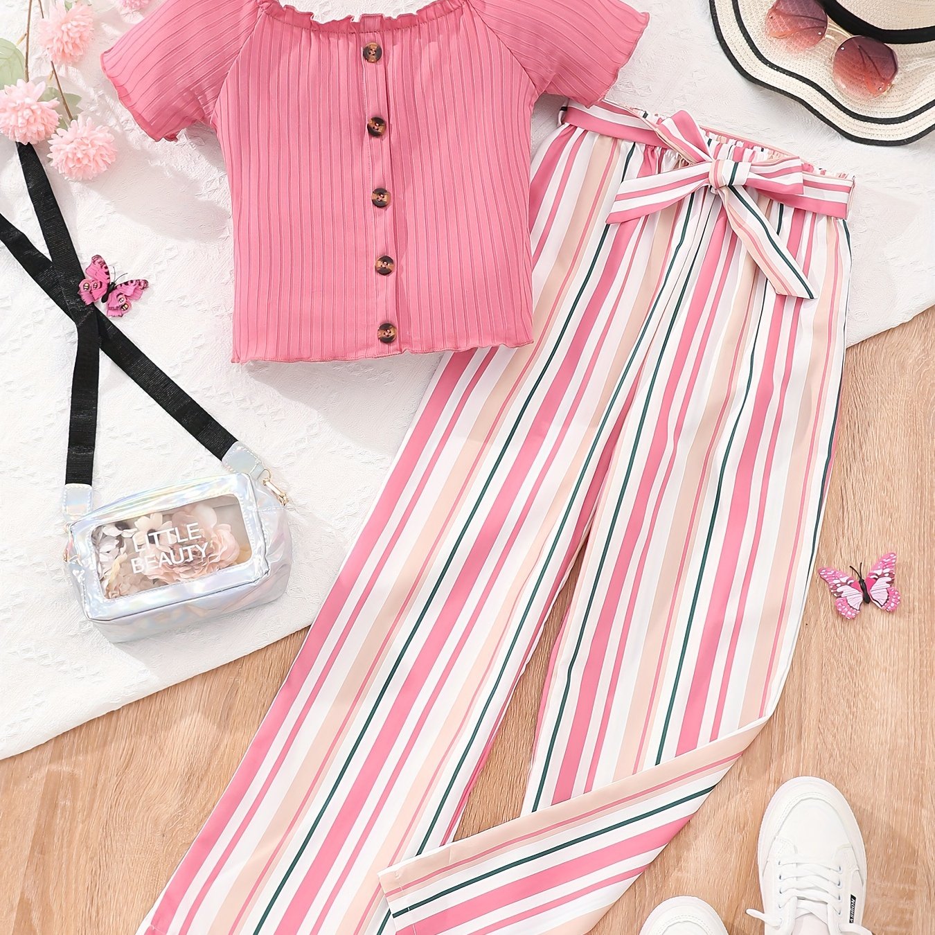 Buy 1 Get 1 Free, total of 2 PCS Adorable Girls' Puff Short Sleeve T-Shirt Top + Striped Pants Set - Soft, Breathable, and Comfortable - Perfect for Spring, Fall, and Christmas Gift Ideas