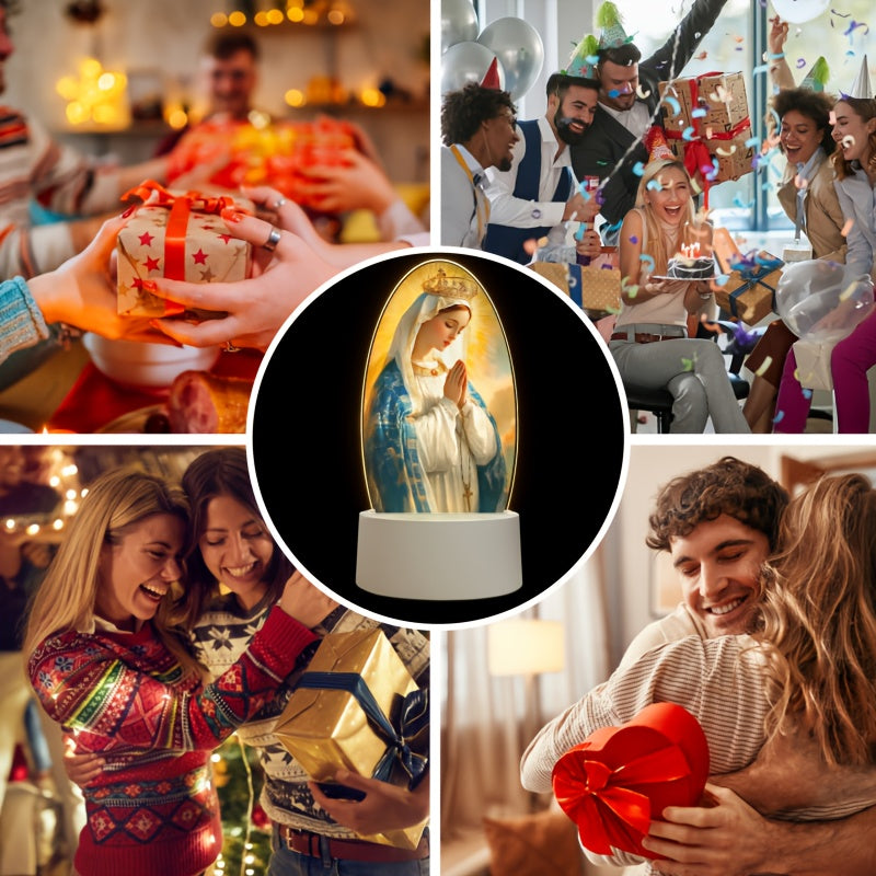 1pc Virgin Mary LED Night Light, Acrylic Round Decorative Lamp with Prayer Theme, USB Powered Desktop Lighting, Christian Religious Character Design, Ideal for Holiday Gifts and Hotel Decor