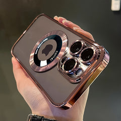 [Luxury Phone Case] Wireless Luxury Phone Case | Transparent Magnetic Electroplated Hollow Logo TPU Shockproof with Lens Film for Iphone 11/12/13/14/15/16 Pro Max Plus Soft Cover