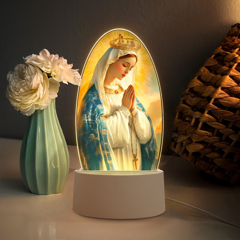 1pc Virgin Mary LED Night Light, Acrylic Round Decorative Lamp with Prayer Theme, USB Powered Desktop Lighting, Christian Religious Character Design, Ideal for Holiday Gifts and Hotel Decor
