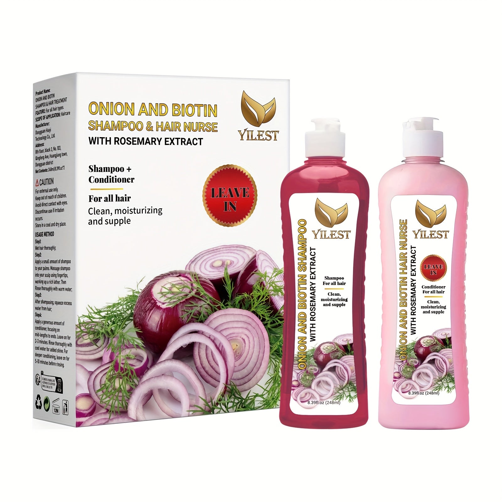 YILEST 2-bottle Onion Bio-Shampoo Set Rosemary Shampoo And Conditioner, Smoothing, Cleaning Hair - Soft And Shiny, for damage Hair, Shampoo for All Hair Types - Hair Moisturizing, Not Greasy, Christmas Mother Holiday Gift