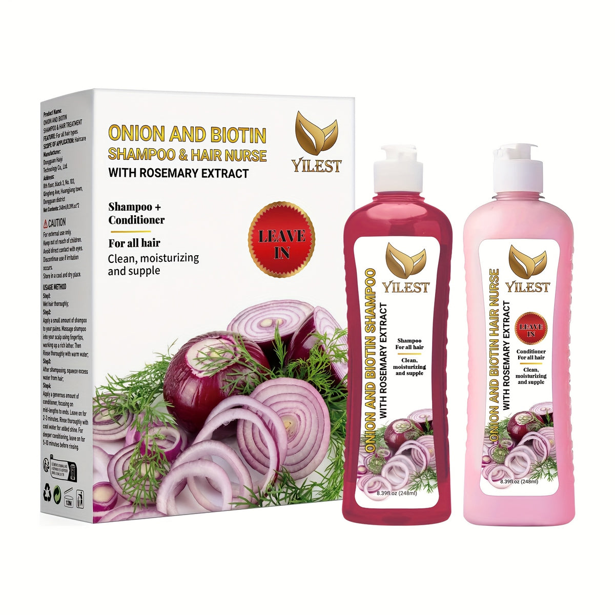 YILEST 2-bottle Onion Bio-Shampoo Set Rosemary Shampoo And Conditioner, Smoothing, Cleaning Hair - Soft And Shiny, for damage Hair, Shampoo for All Hair Types - Hair Moisturizing, Not Greasy, Christmas Mother Holiday Gift