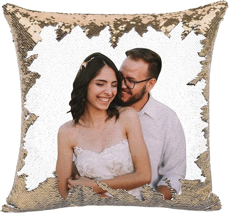 1pc Romantic Couple Photo Pillow Cover - Magical Reversible Home Decor Gift, 18.0inch x 18.0inch Anniversary Decoration Pillowcase, Peach Fleece Material with Simulated Sequin Design (No Sequins, Glitter Effect is Design)