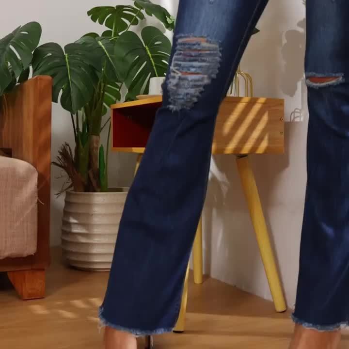 Women's Elastic Waist Flare Hole Rough Side Large Size Jeans High Waist Lift Hip Comfortable Women's Pants