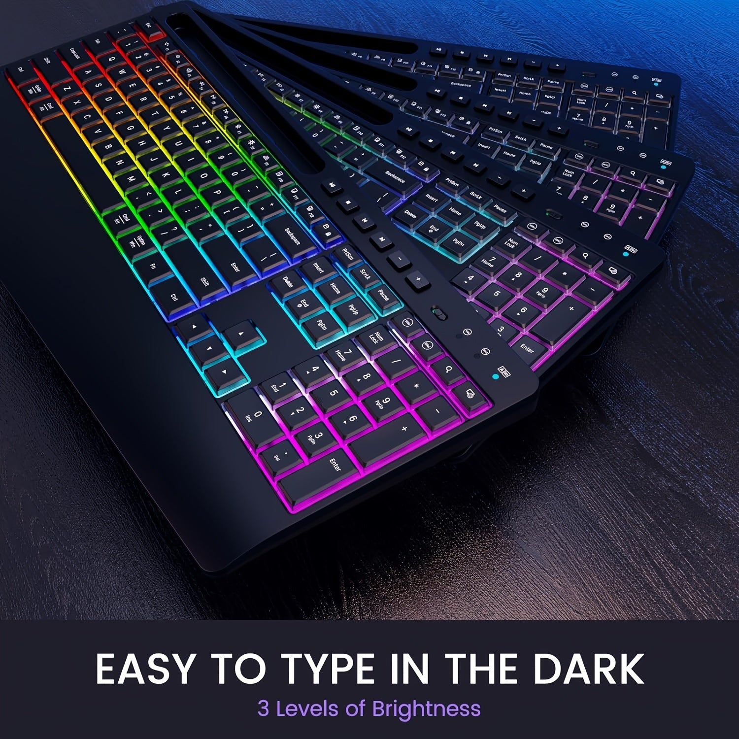 Rechargeable Wireless Keyboard Mouse Combo - Full-Size RGB Backlit Silent Ergonomic Keyboard with Phone/Tablet Holder, 2.4G Wireless Connection, Long-Lasting Battery Life, and Compact Design for Computer, PC, Laptop
