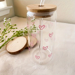 16oz Heart Print Glass Water Bottle with Straw and Lid, Hand Wash Only Recyclable Glass, Reusable Multipurpose Beverage Cup for Coffee, Milk, Juice, Beer