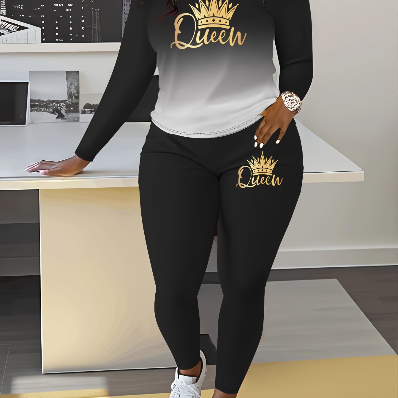 Gradient Crown Print Casual Autumn and Winter Long Sleeve Round Neck Women's Pants Set
