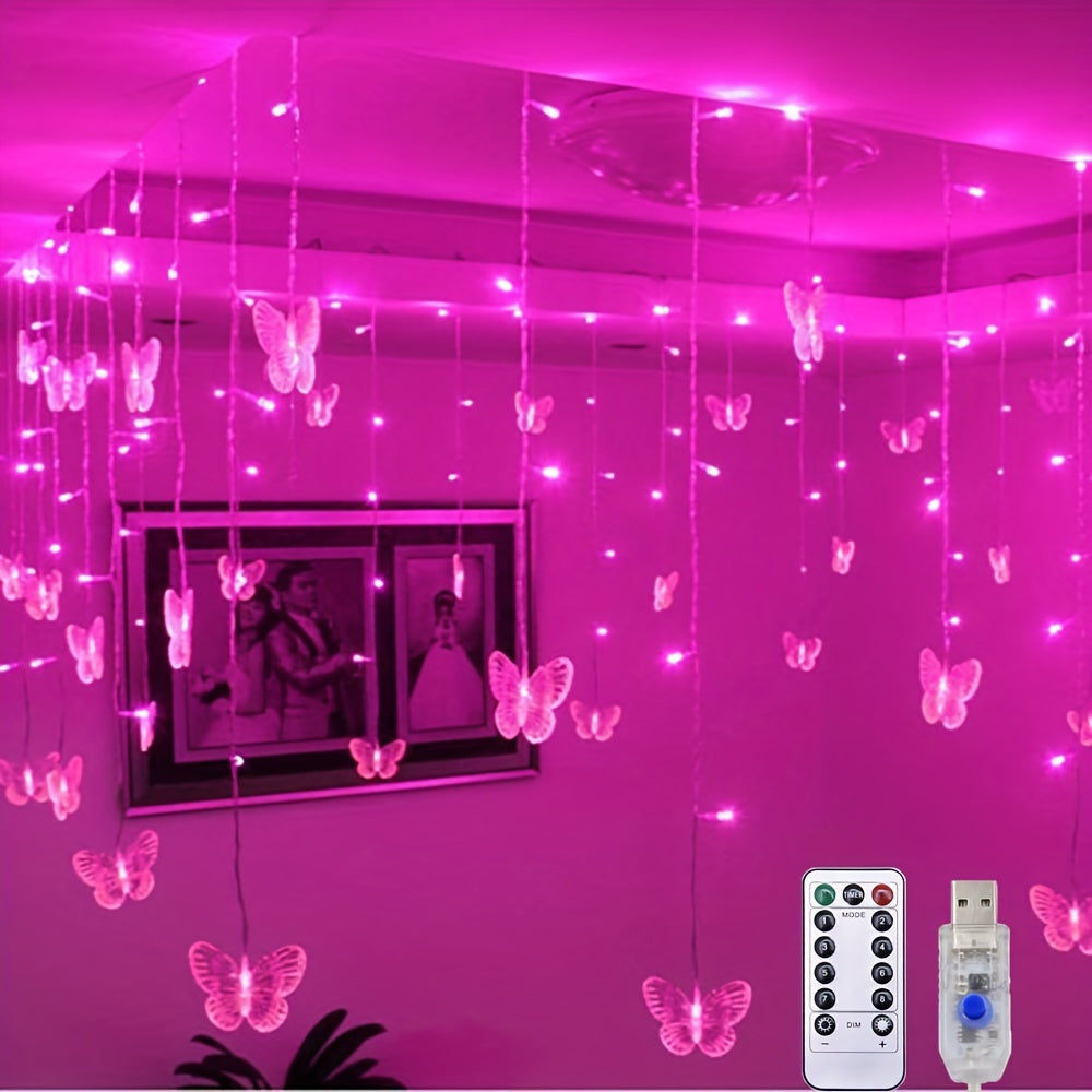 1pcs LED Christmas Light, LED Decorative Fairy String Light, 21.3ft/6.5m Butterfly Curtain Light, 8 Modes Twinkle String Light, Remote+ USB Powered Window Fairy Light, Holiday Wedding Party Bedroom Patio Decorative Light