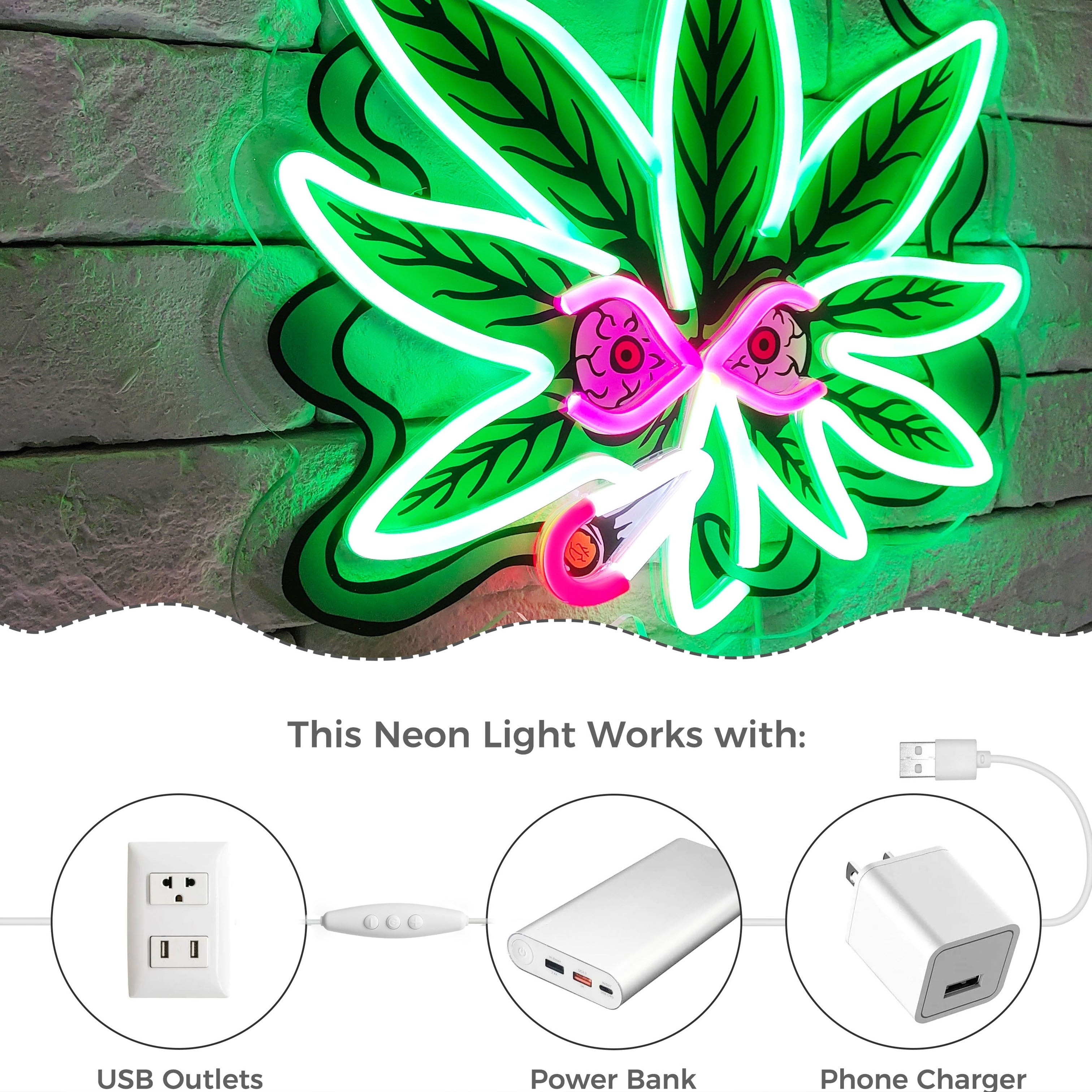 USB-Powered Leaf Neon Light with Glowing Green Leaves & Pink Eyes - Wall-Mounted Decorative Lamp for Bars, Home, or Party Decor, Vibrant Visual Effect