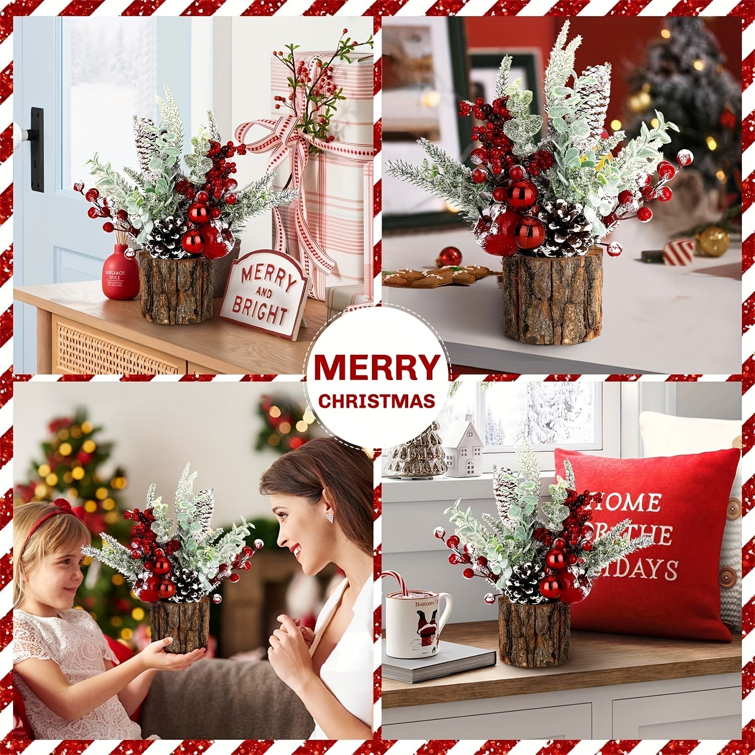 Classic Christmas Centerpiece with Red Berries, Pine Cones, and Greenery - Festive Tabletop Artificial Mini Tree Decoration, Non-Electric, Featherless Holiday Ornament Set in Faux Tree Stump (Tree Stump-Red)