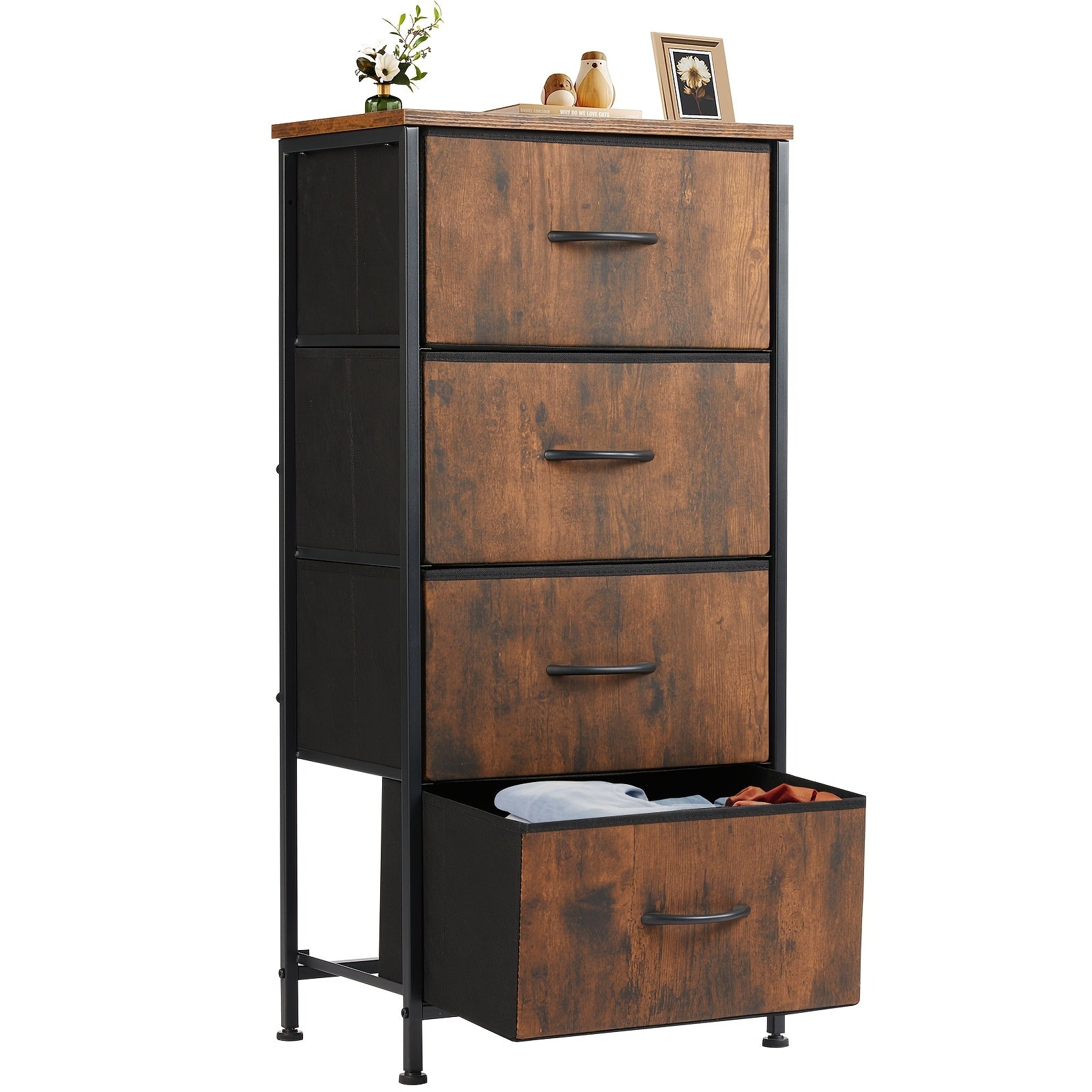 ANTONIA Classic 4-Drawer Dresser with Metal Frame & Wood Top - High-Density Fiberboard, Black Finish, Easy Assembly, 27" Tall Storage Cabinet for Bedroom, Living Room, Entryway - Includes Decorative Lamp & Plant, Bedroom Furn