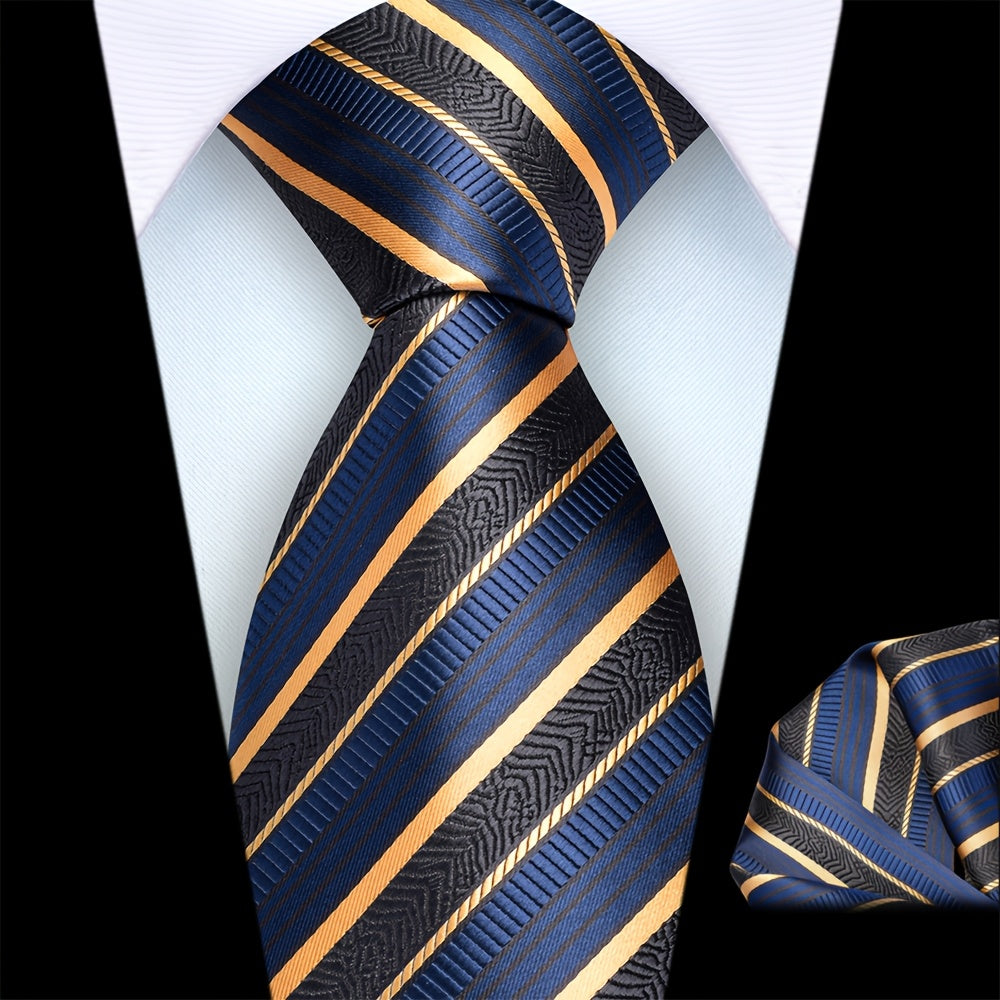Ricnais Set of 2 Men's 8cm Striped Tie and Square Scarf High Quality Classic Fashion Wedding Party Business Tie Set Men's Wedding Accessories Home Gift Christmas Gift Party Gift