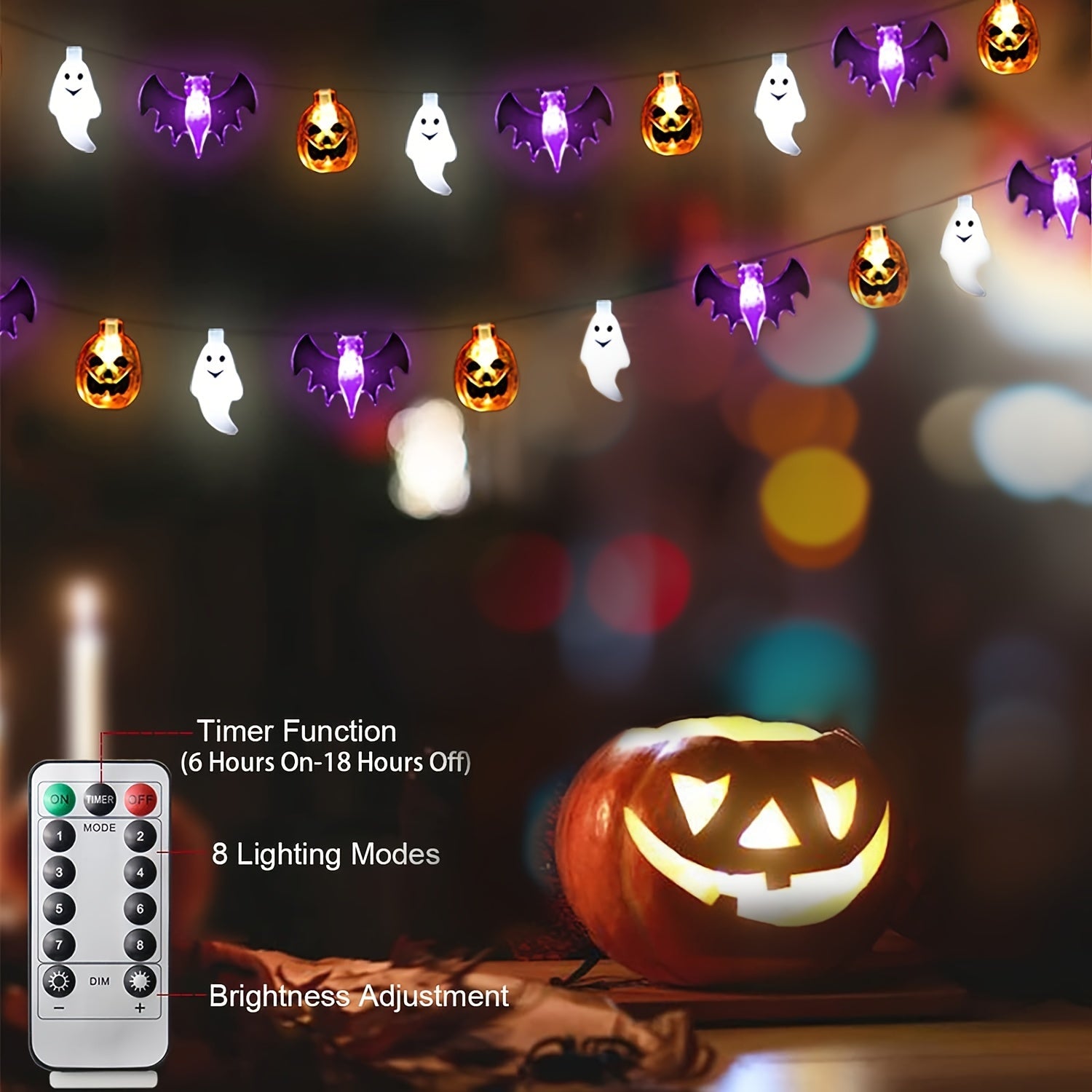 20/50 LED 3D Pumpkin Bat Ghost Waterproof String Lights - 9.8FT/16.4FT Battery Operated With Timer, 8 Lighting Modes, Cute Fairy Light For Window Indoor Outdoor Decor Halloween Party Decorations