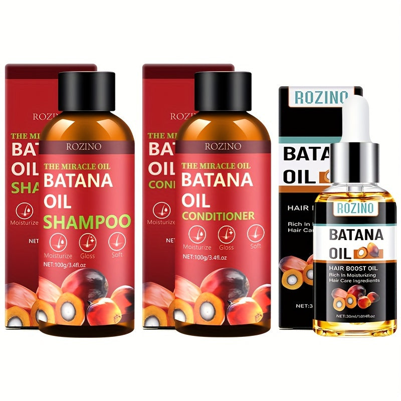 ROZINO Batana Oil Hair Care Set - Normal Hair - Shampoo, Conditioner & Boost Oil - Moisturizing, Revitalizing, Strengthening Trio to Enhance Hair Vitality and Health