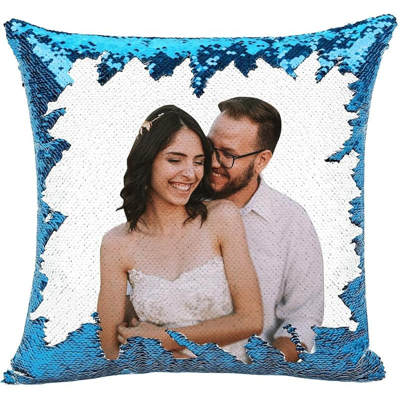 1pc Romantic Couple Photo Pillow Cover - Magical Reversible Home Decor Gift, 18.0inch x 18.0inch Anniversary Decoration Pillowcase, Peach Fleece Material with Simulated Sequin Design (No Sequins, Glitter Effect is Design)