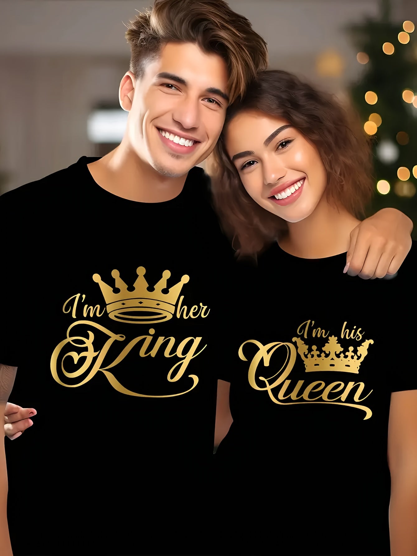 1pc Her King and His Queen Print Couples Matching T-Shirts - Casual Pure Cotton Short Sleeve Crew Neck Tees for Newlyweds & Lovers - Perfect for Christmas & Valentine's Day Gifts 180g Tee, Romantic Couple Wear, Newlywed Appar