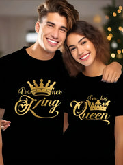 1pc Her King and His Queen Print Couples Matching T-Shirts - Casual Pure Cotton Short Sleeve Crew Neck Tees for Newlyweds & Lovers - Perfect for Christmas & Valentine's Day Gifts 180g Tee, Romantic Couple Wear, Newlywed Appar
