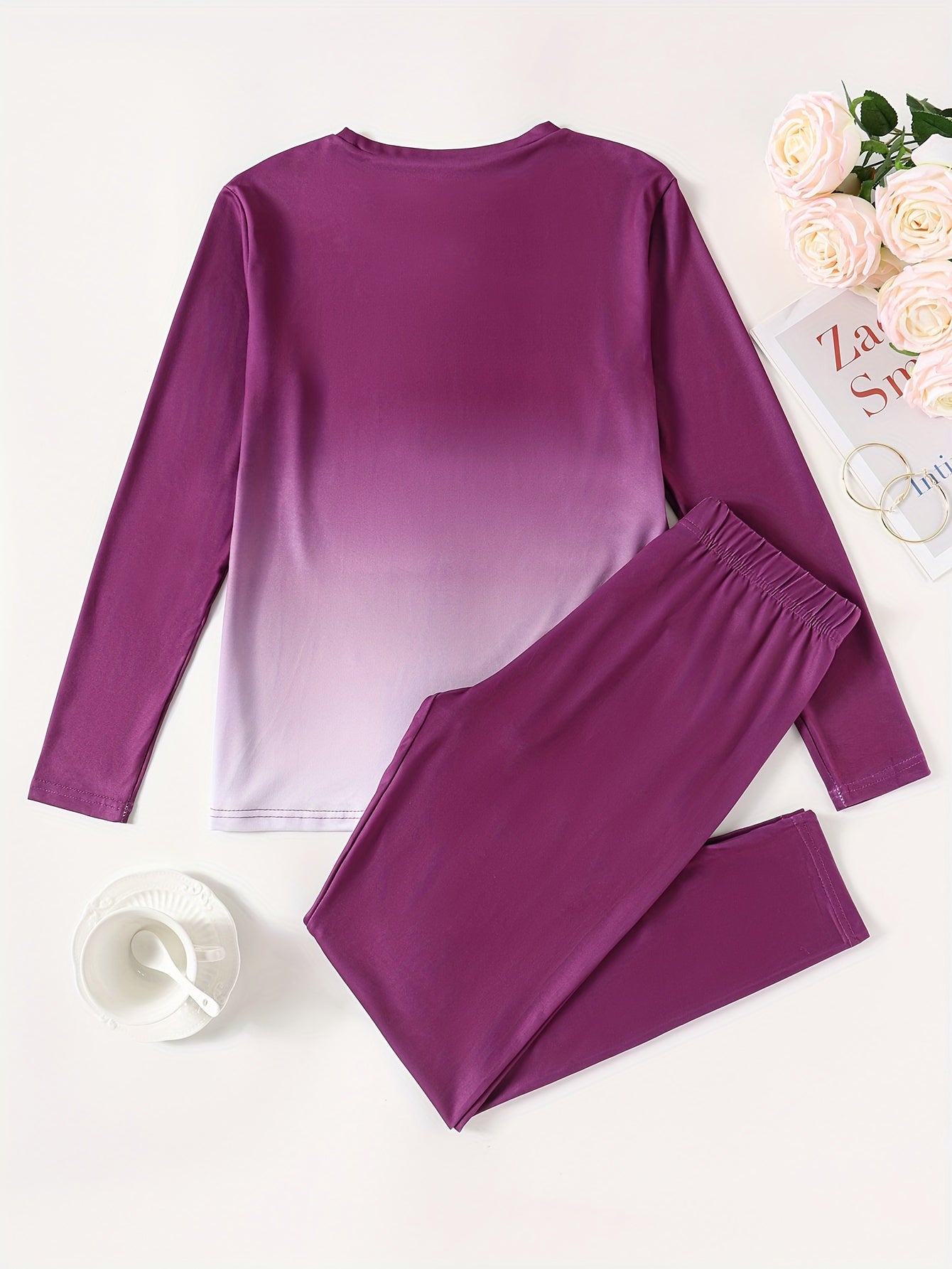 Gradient Crown Print Casual Autumn and Winter Long Sleeve Round Neck Women's Pants Set