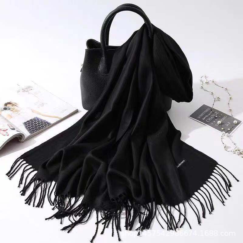 Imitation Cashmere Scarf for Women, Solid Color Fringed Warm Dual-use Shawl