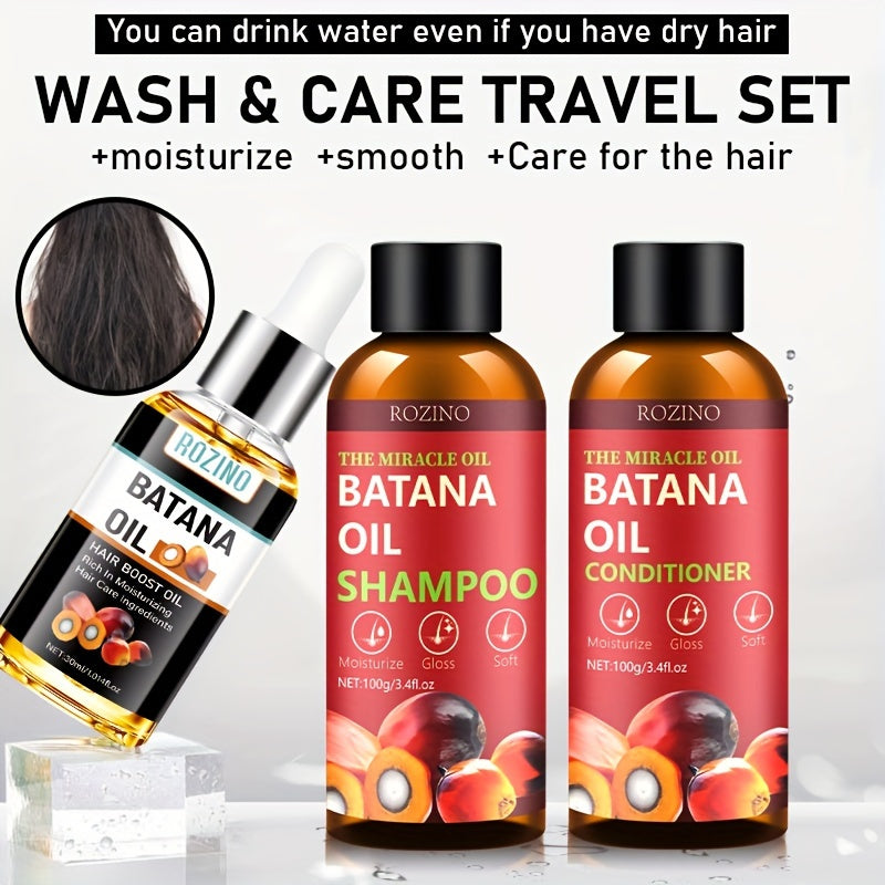 ROZINO Batana Oil Hair Care Set - Normal Hair - Shampoo, Conditioner & Boost Oil - Moisturizing, Revitalizing, Strengthening Trio to Enhance Hair Vitality and Health