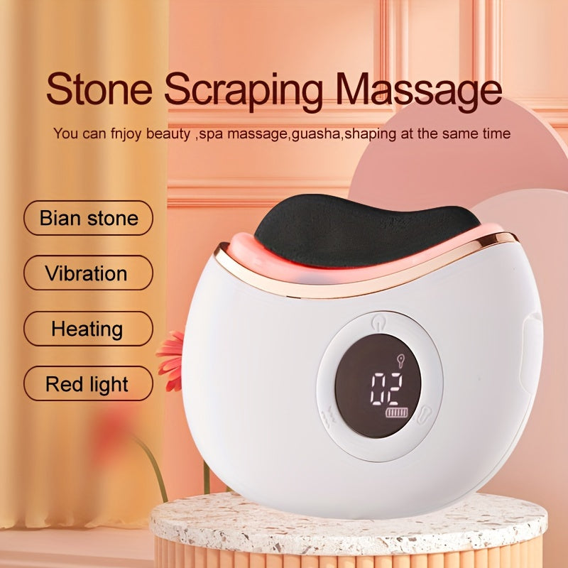 Rechargeable Stone Scraping Face & Body Massager - Firming, Lifting Skin Tool with Bi-Stone, Vibration, Heating & Red Light Relax, USB Charging, White & Pink Design