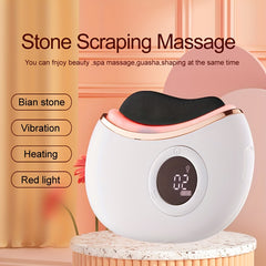 Rechargeable Stone Scraping Face & Body Massager - Firming, Lifting Skin Tool with Bi-Stone, Vibration, Heating & Red Light Relax, USB Charging, White & Pink Design