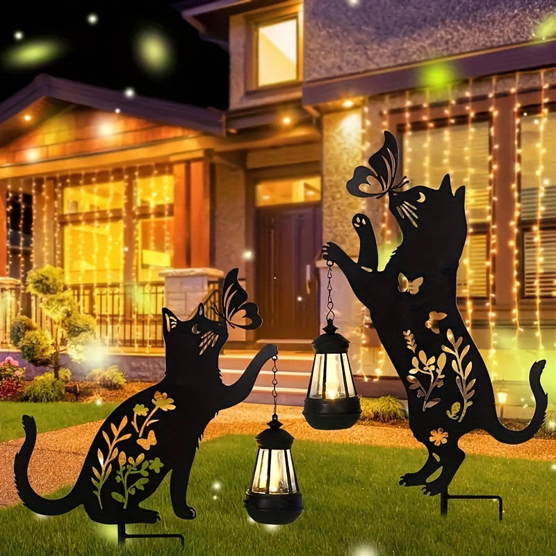2-Pack Metal Cat Silhouettes with Solar Lights, Outdoor Garden Stakes, Artistic Black Cat Solar Lantern Decor, for Lawn And Patio, Solar-Powered, Nickel Battery, No Removable Parts