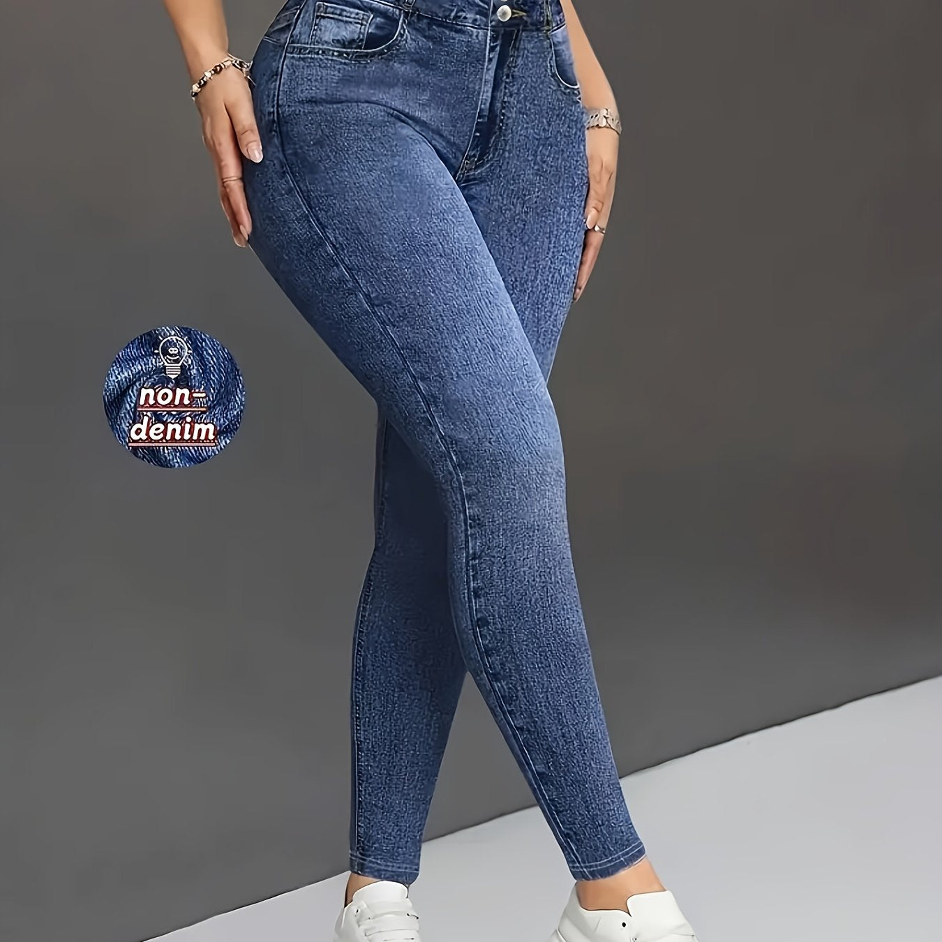 [Denim Print/Imitation Denim] Women's Wash Blue Distressed Imitation Denim Jumbo Jeans - Stretch Skinny-Fit Tapered Leg, All-Season Comfort, Machine Washable Casual to Formal Pants for Everyday & Special Occasions (Non-Nylon
